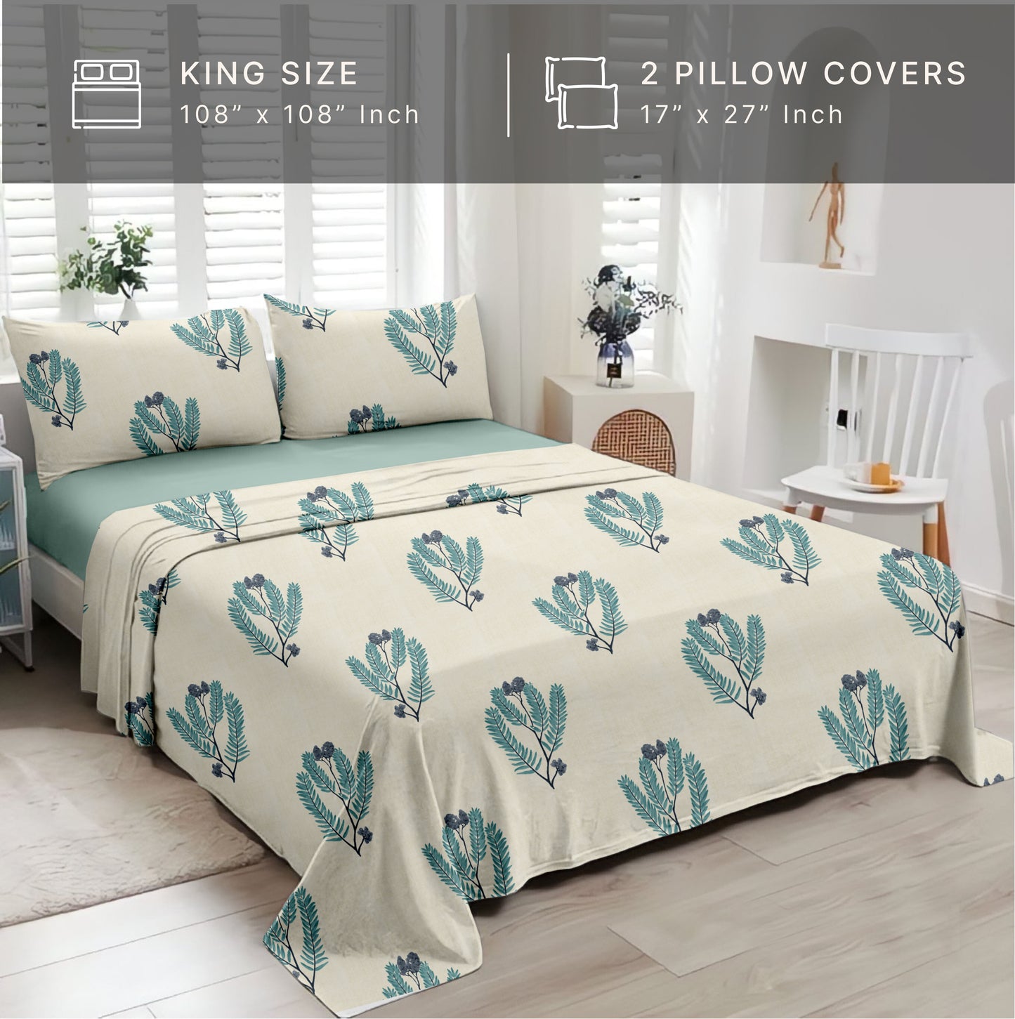 Blossom (Sea Green) The Elegance Collection Cotton King Size Bedsheet