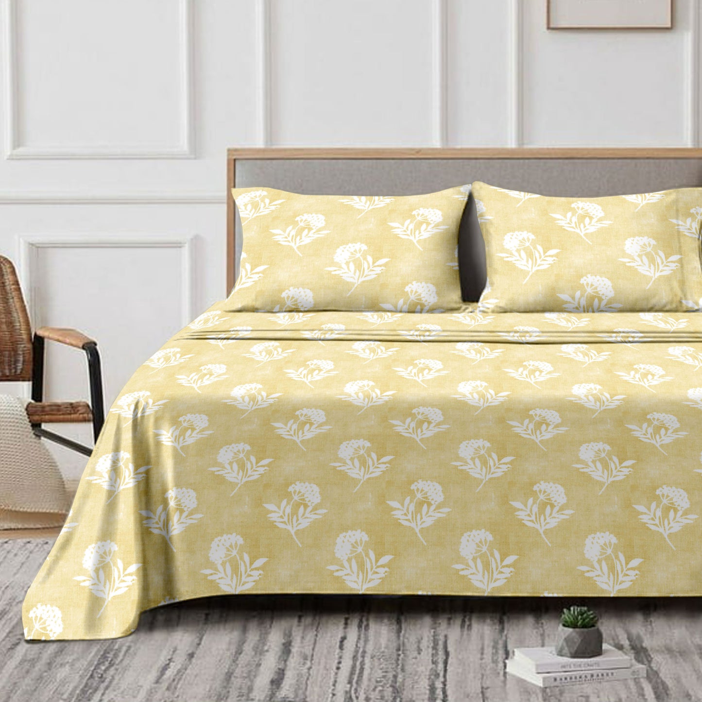 Flowery (Yellow) The Classic Collection Cotton Queen Size Bedsheet