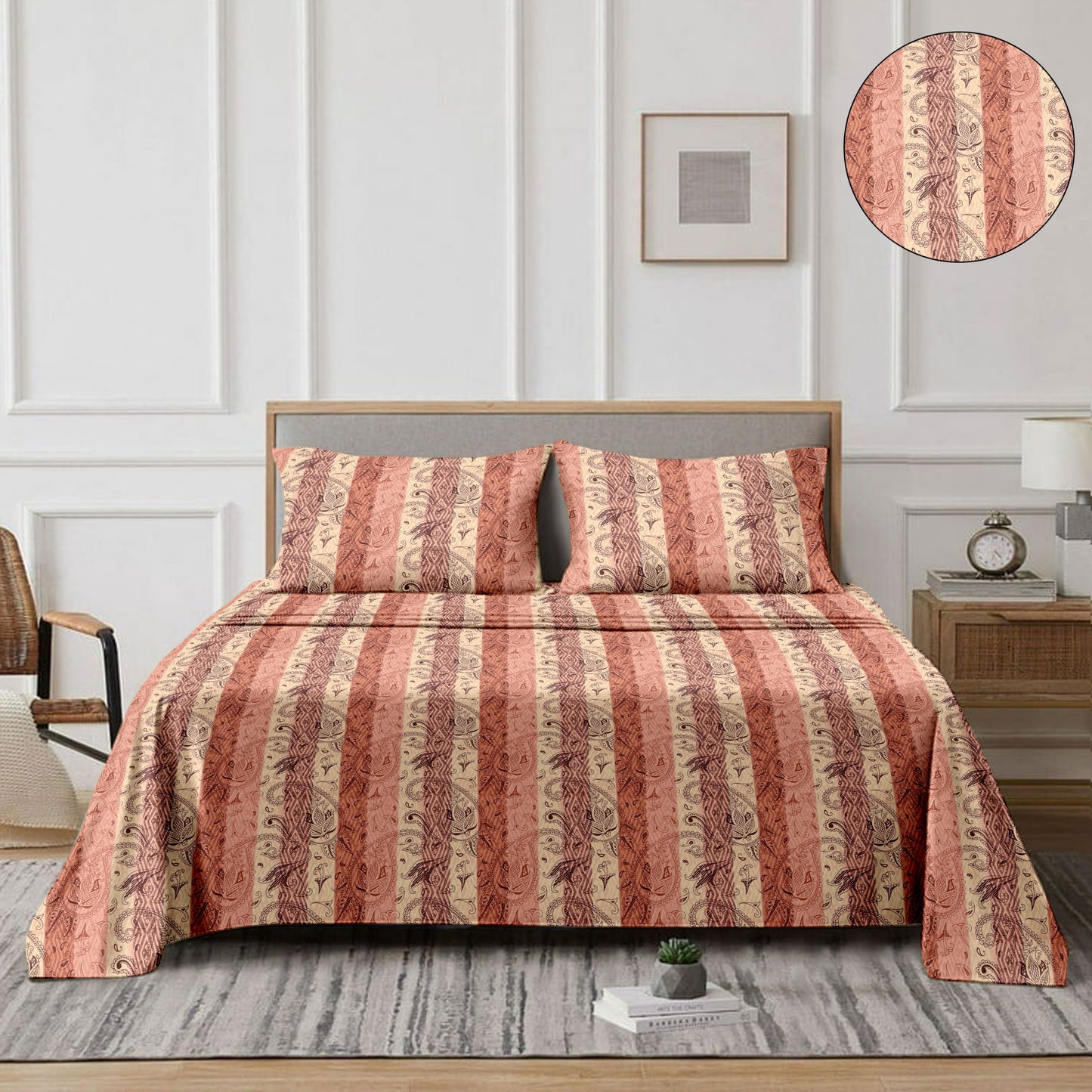 Striped (Ochre) The Classic Collection Cotton Queen Size Bedsheet