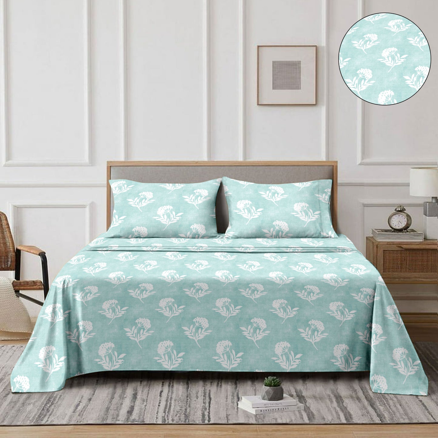 Flowery (Sky Blue) The Classic Collection Cotton Queen Size Bedsheet