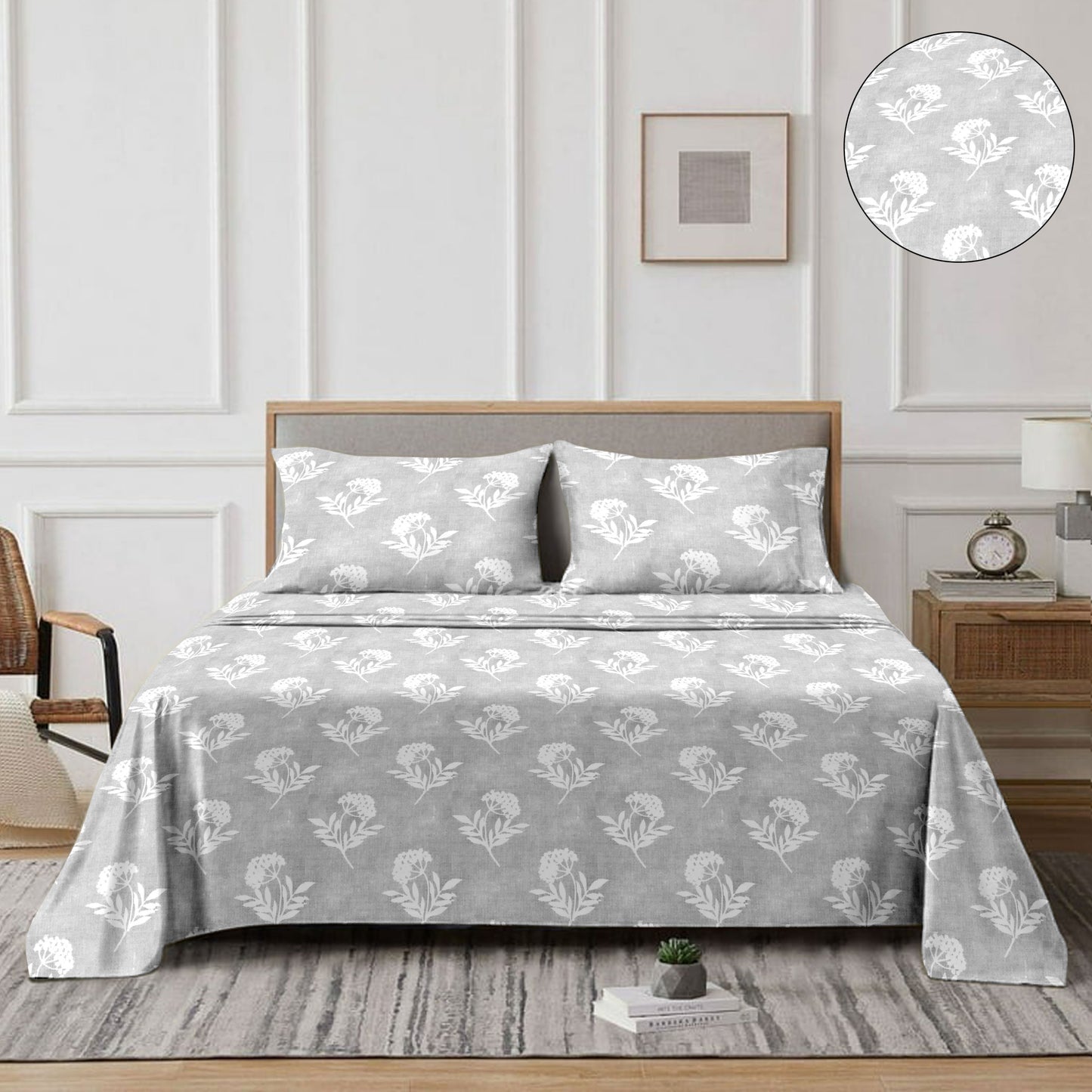 Flowery (Grey) The Classic Collection Cotton Queen Size Bedsheet