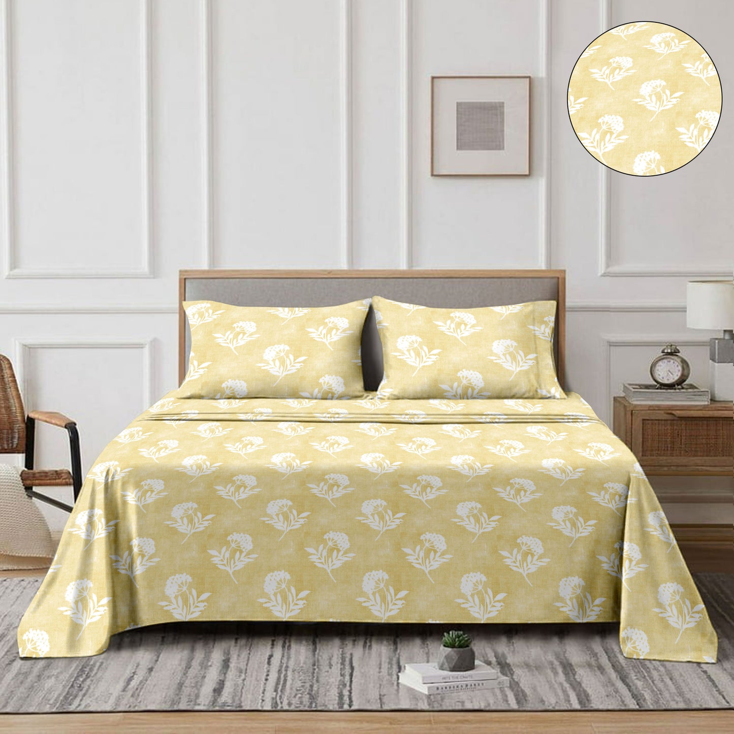 Flowery (Yellow) The Classic Collection Cotton Queen Size Bedsheet