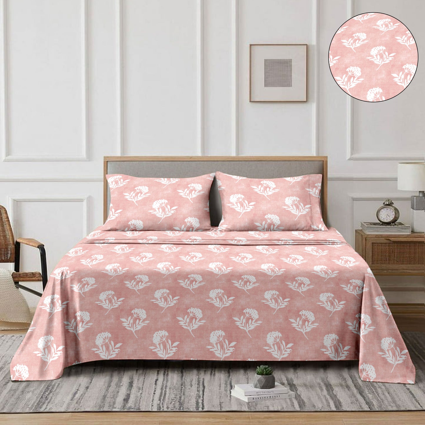 Flowery (Peach) The Classic Collection Cotton Queen Size Bedsheet