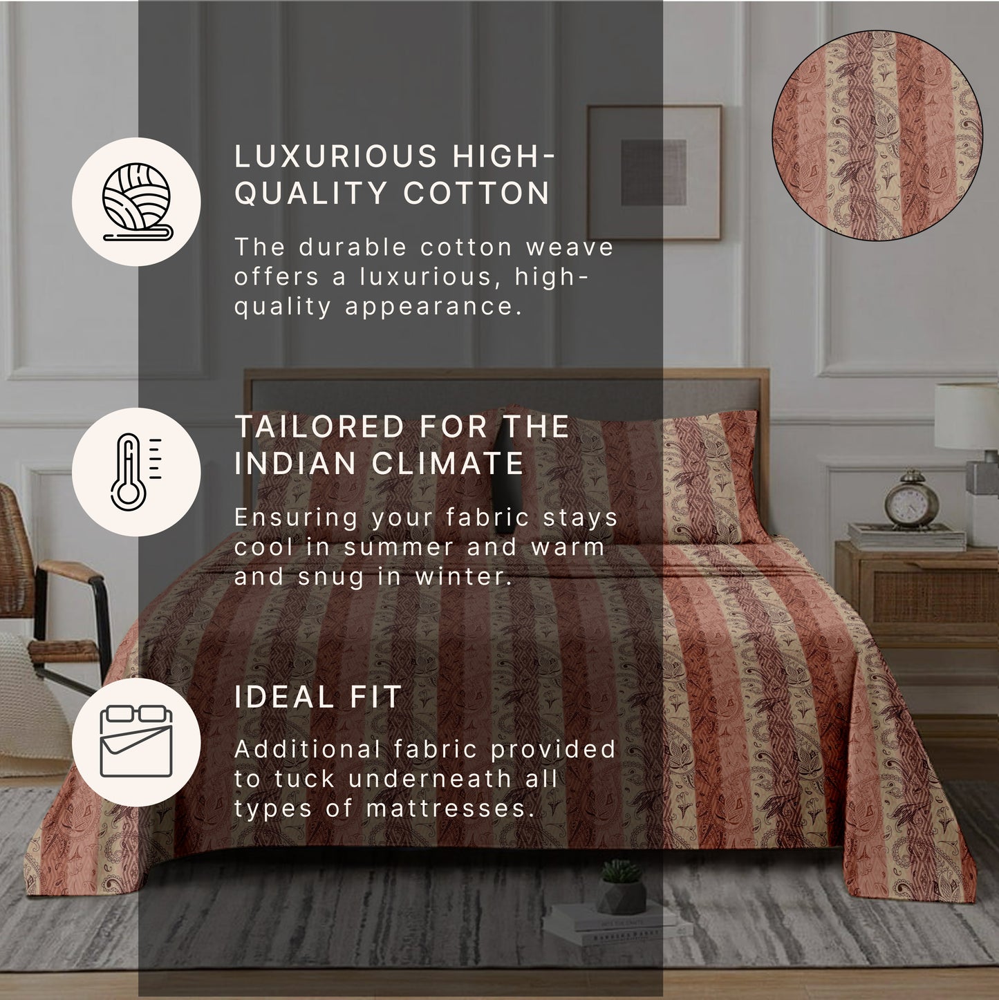 Striped (Ochre) The Classic Collection Cotton Queen Size Bedsheet