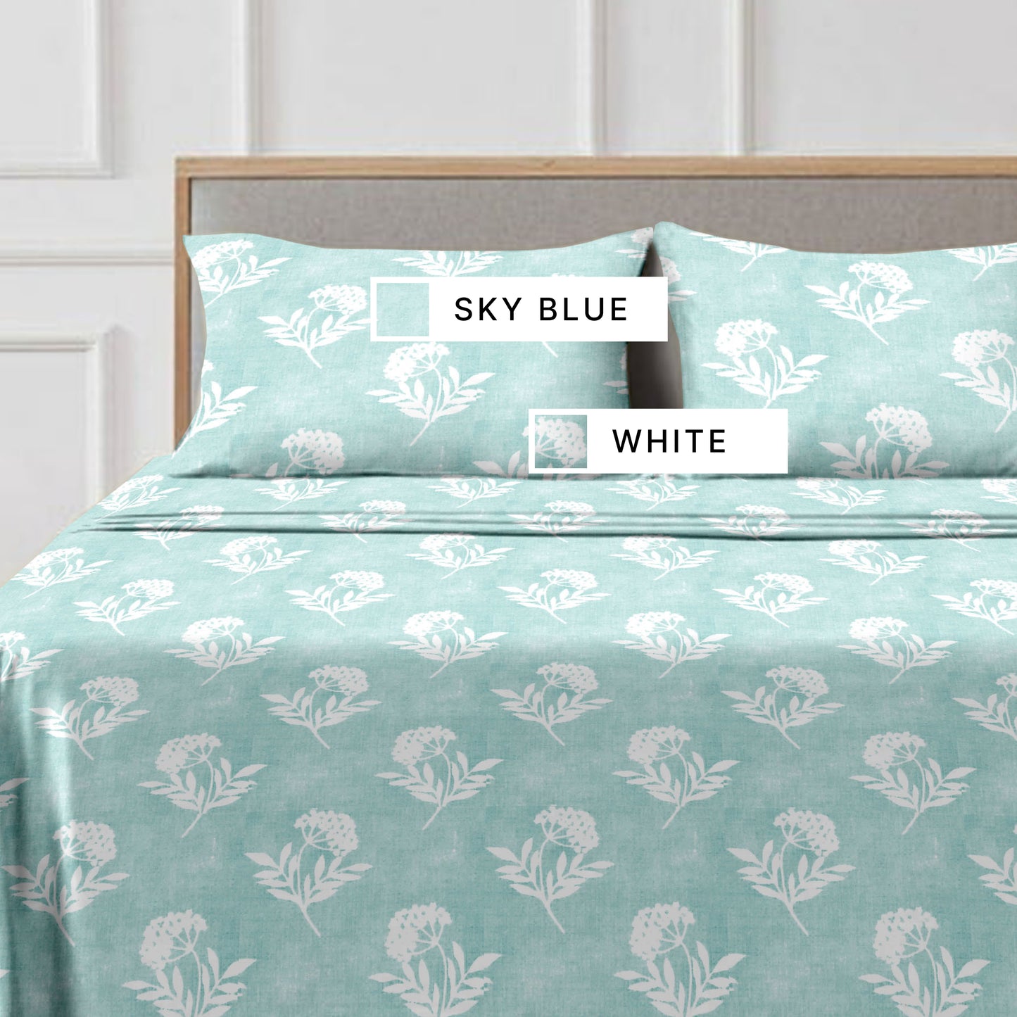 Flowery (Sky Blue) The Classic Collection Cotton Queen Size Bedsheet