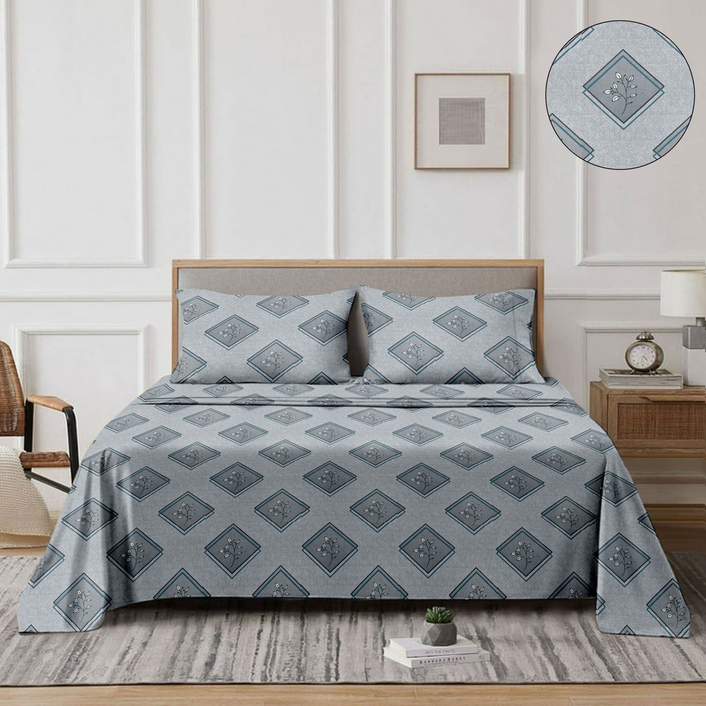 Diamond (Blue) The Classic Collection Cotton Queen Size Bedsheet