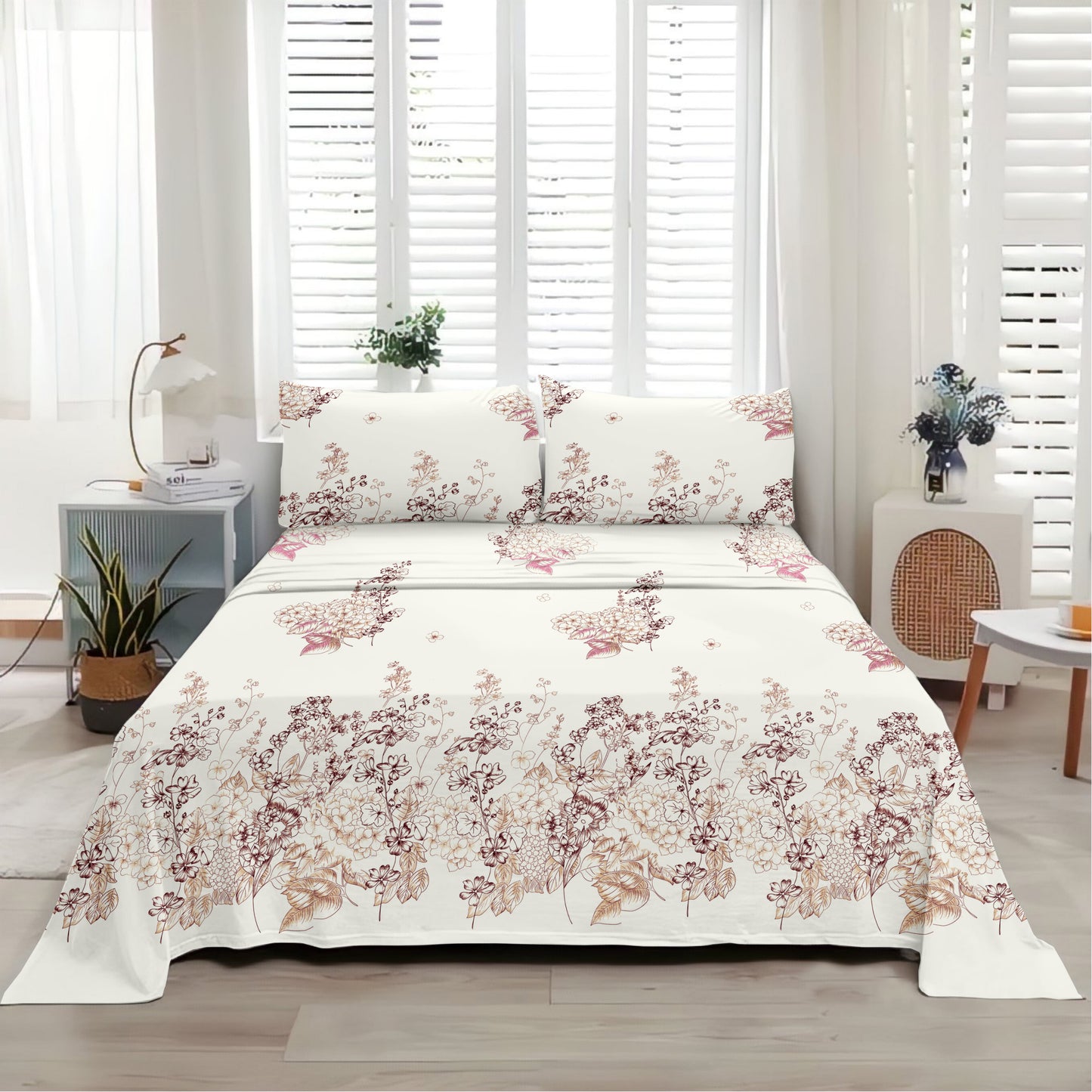 Petal & Twig (Maroon & Peach) The Elegance Collection Cotton King Size Bedsheet