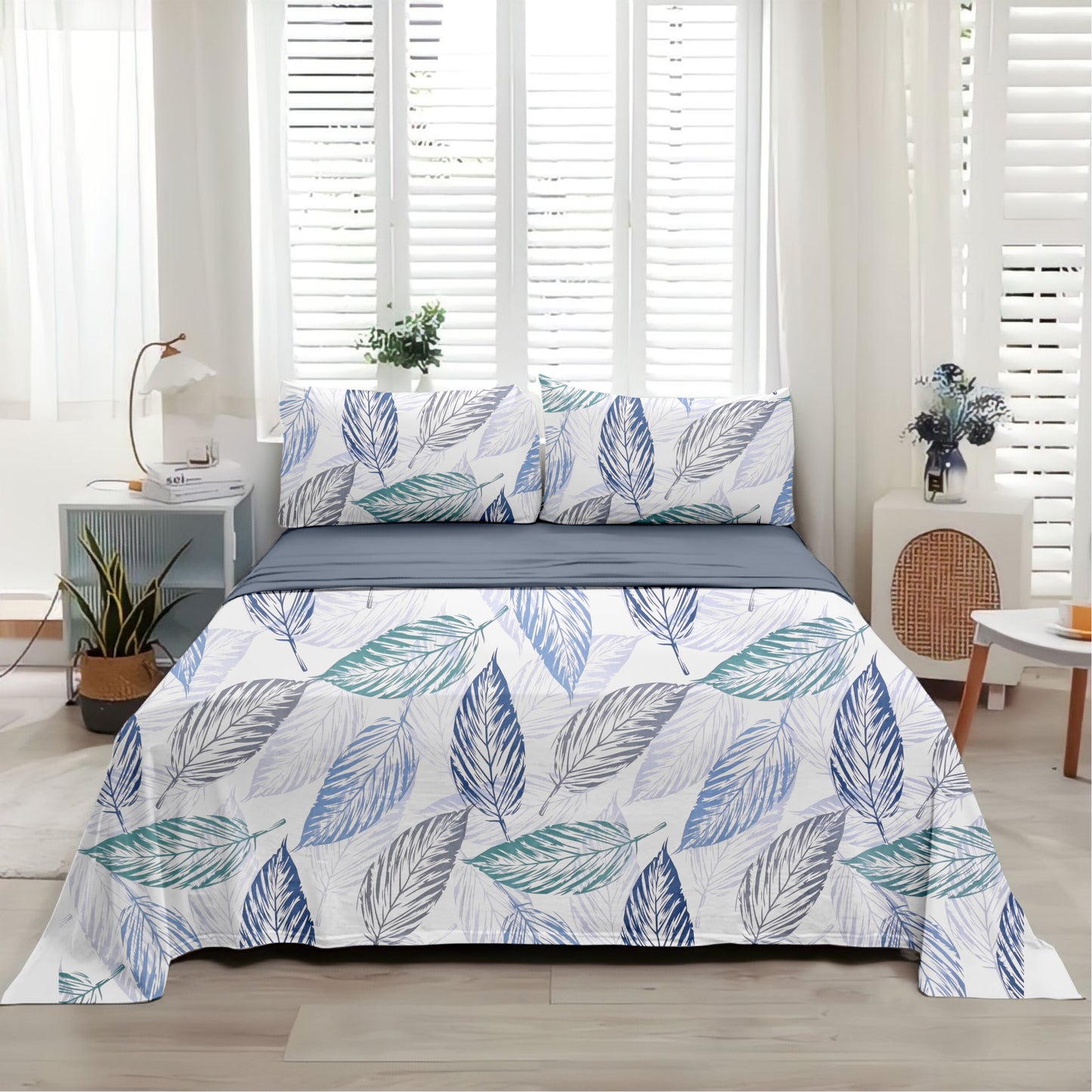 Leafy (Sea Blue & Blue) The Elegance Collection Cotton King Size Bedsheet