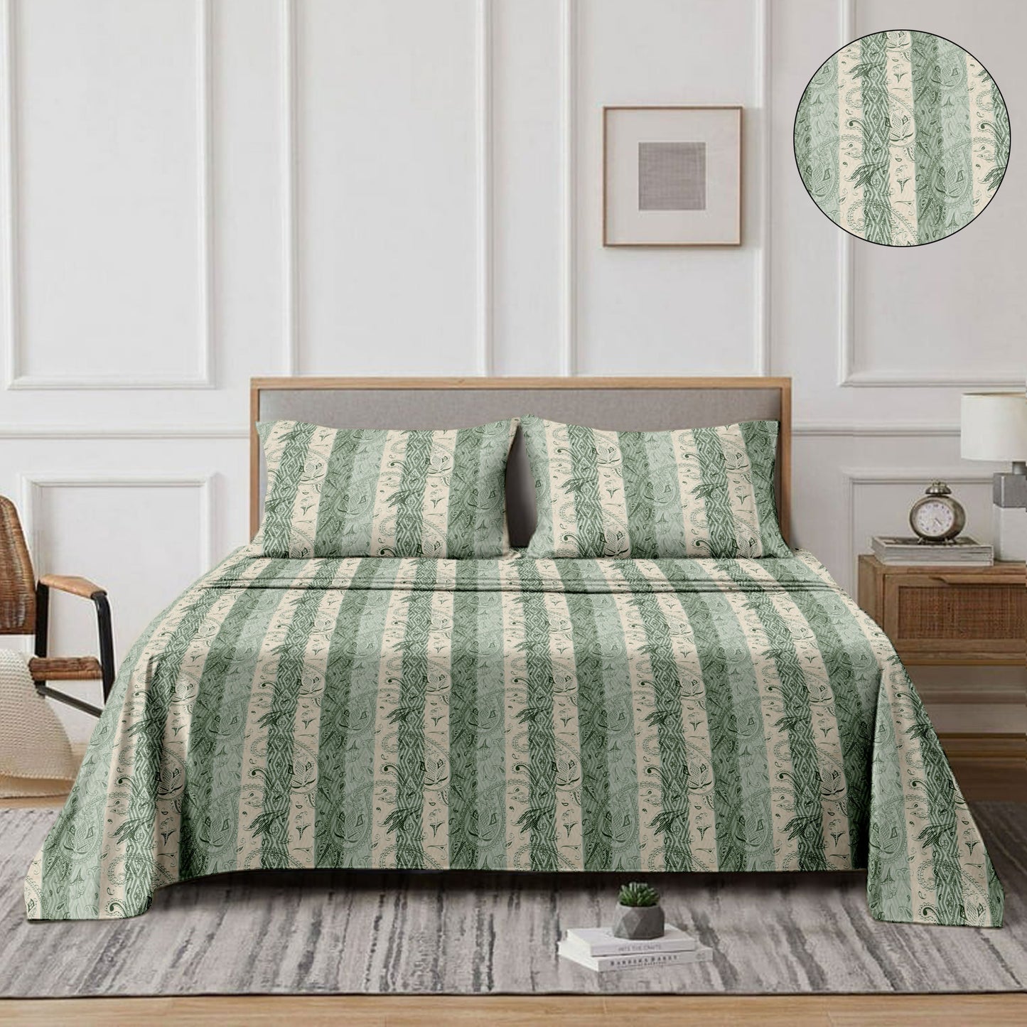 Striped (Green) The Classic Collection Cotton Queen Size Bedsheet