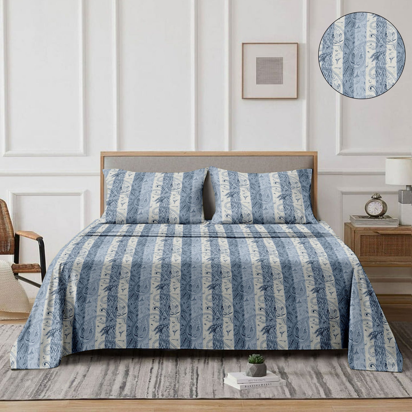 Striped (Blue) The Classic Collection Cotton Queen Size Bedsheet