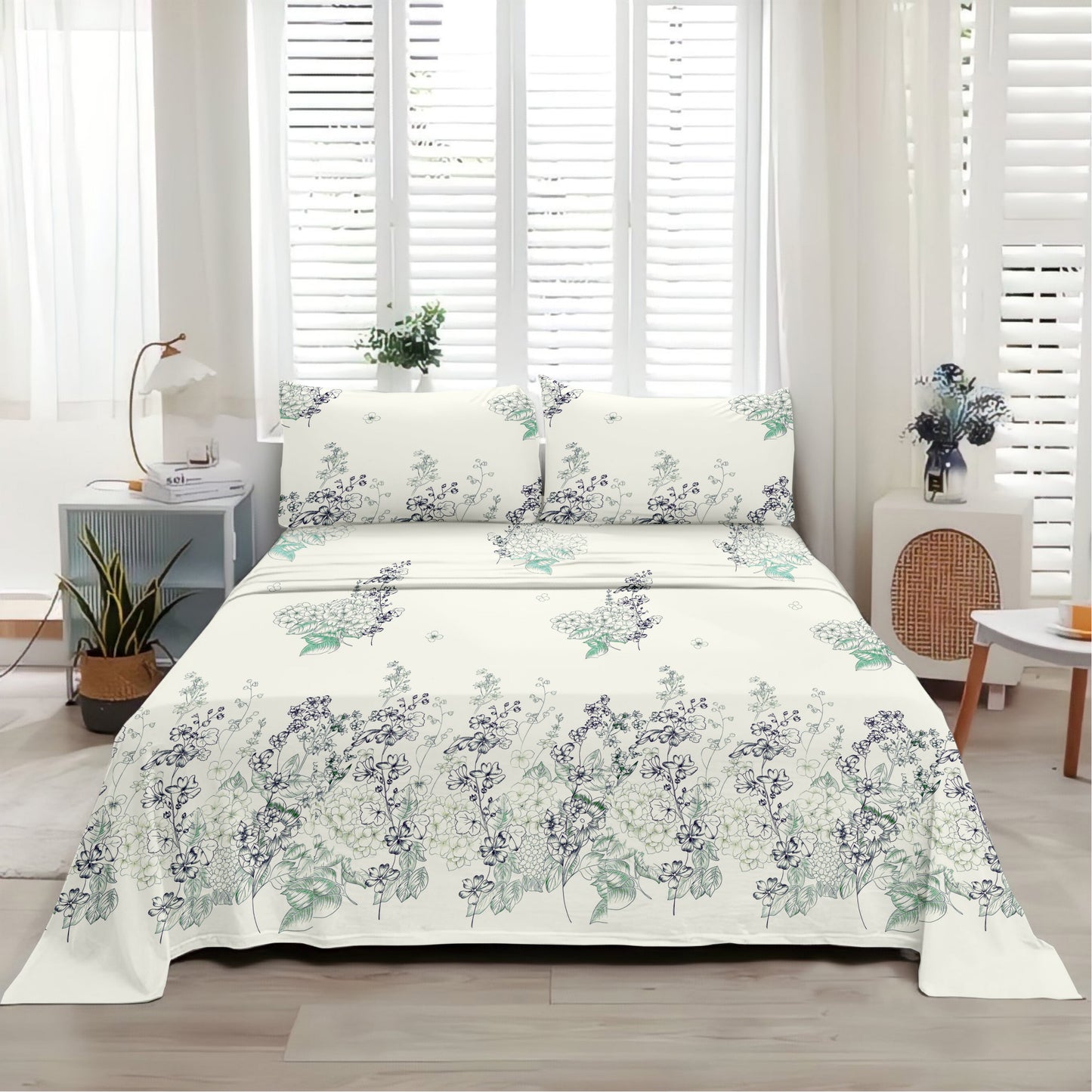 Petal & Twig (Sea Green) The Elegance Collection Cotton King Size Bedsheet