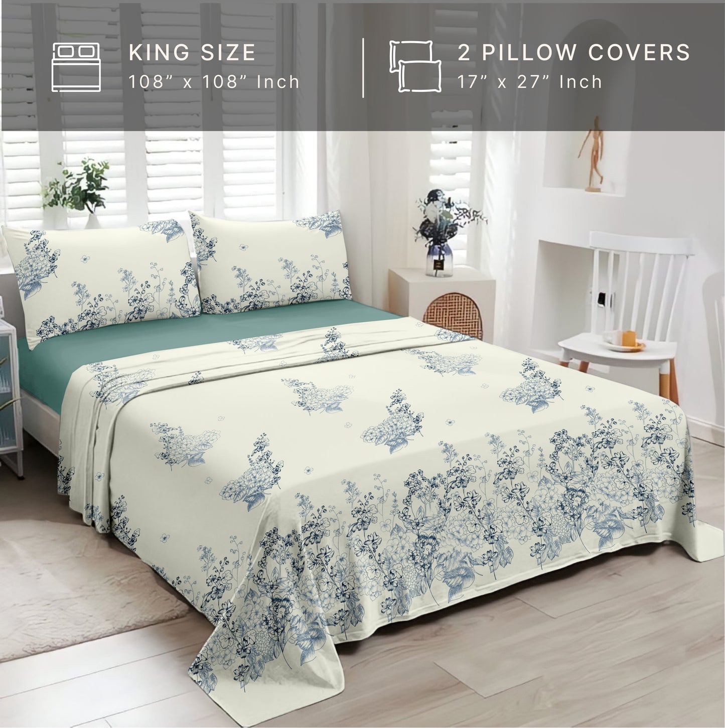 Petal & Twig (Teal Blue) The Elegance Collection Cotton King Size Bedsheet