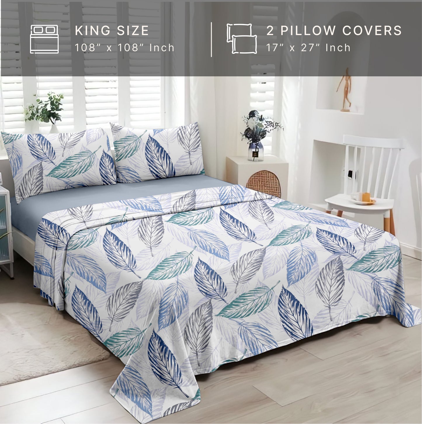 Leafy (Sea Blue & Blue) The Elegance Collection Cotton King Size Bedsheet