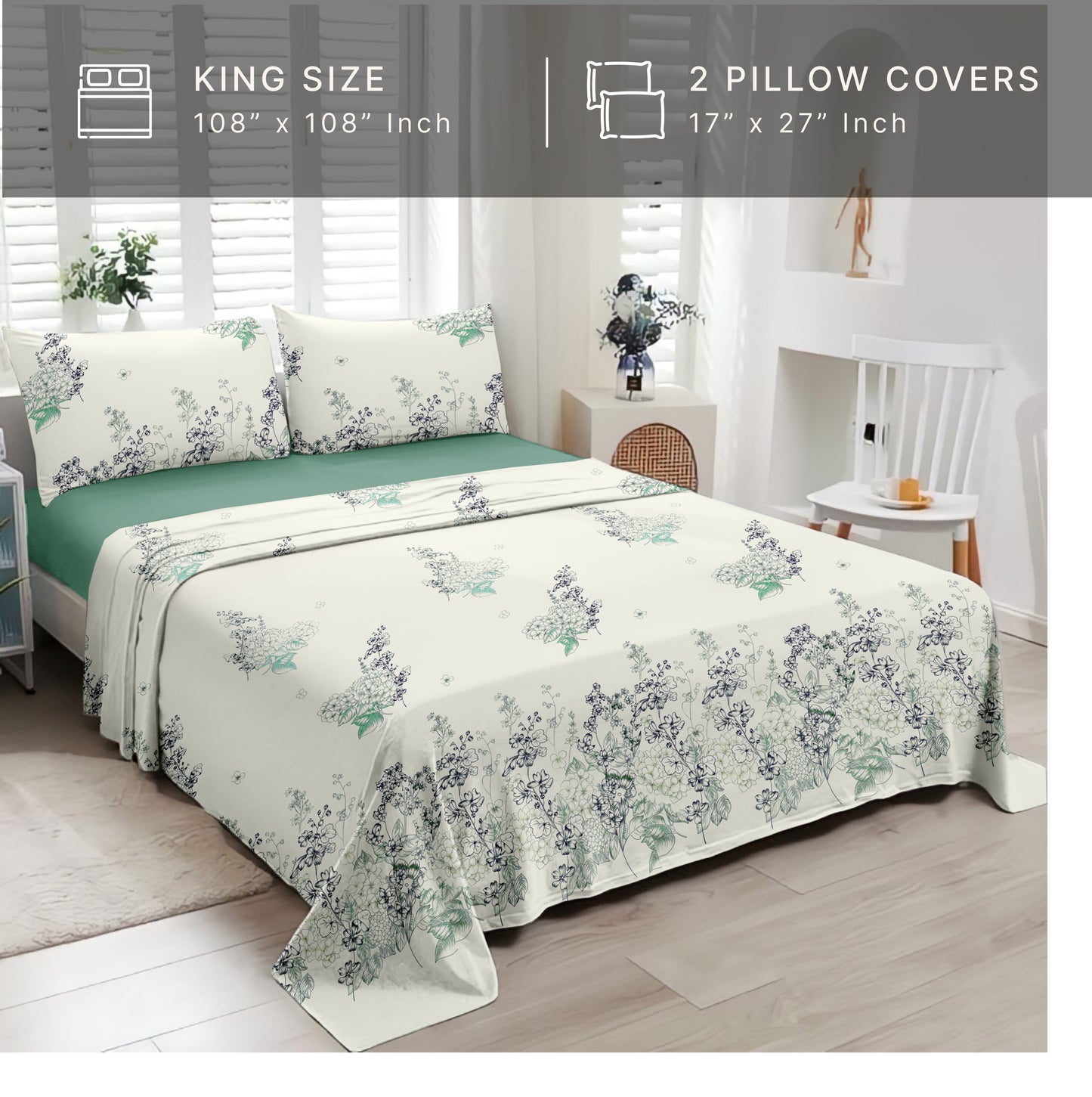 Petal & Twig (Sea Green) The Elegance Collection Cotton King Size Bedsheet