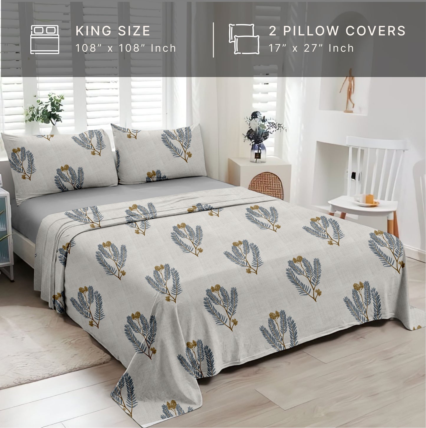 Blossom (Grey) The Elegance Collection Cotton King Size Bedsheet