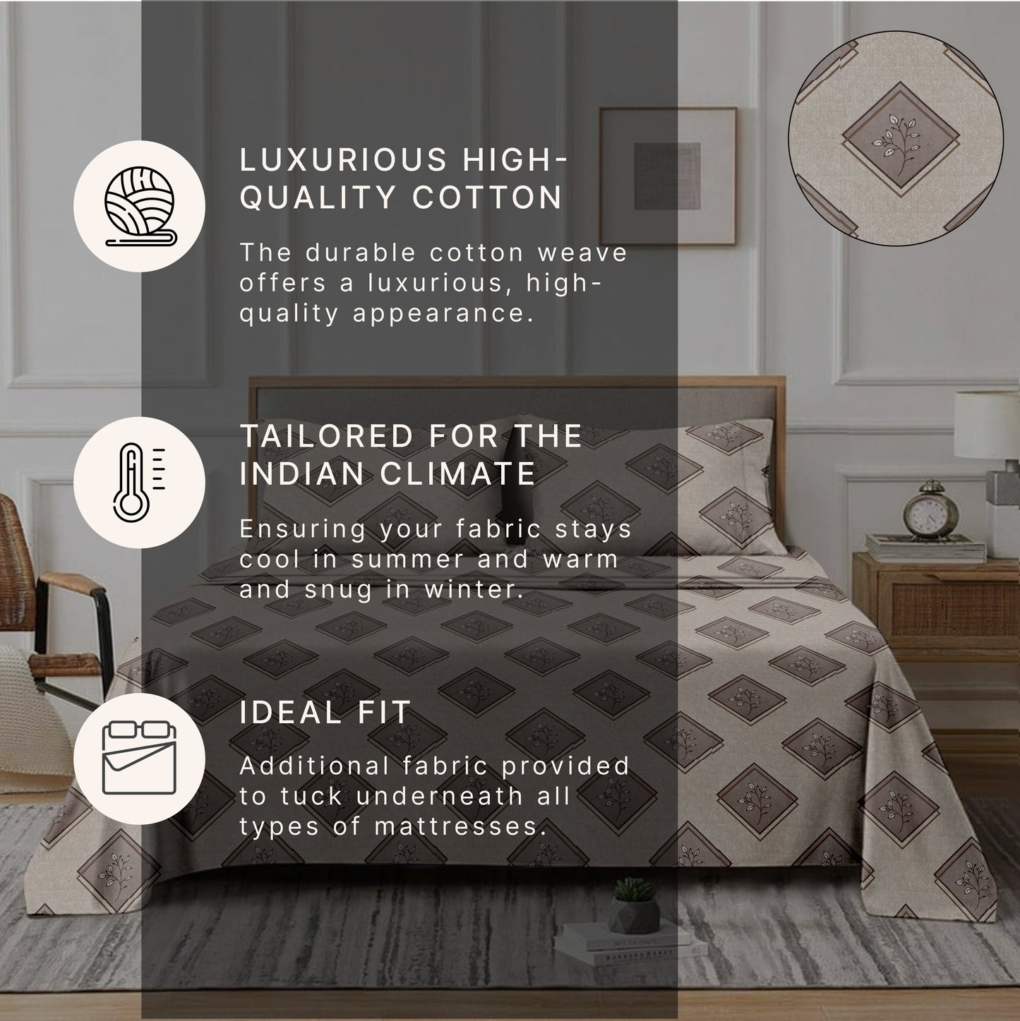 Diamond (Brown) The Classic Collection Cotton Queen Size Bedsheet