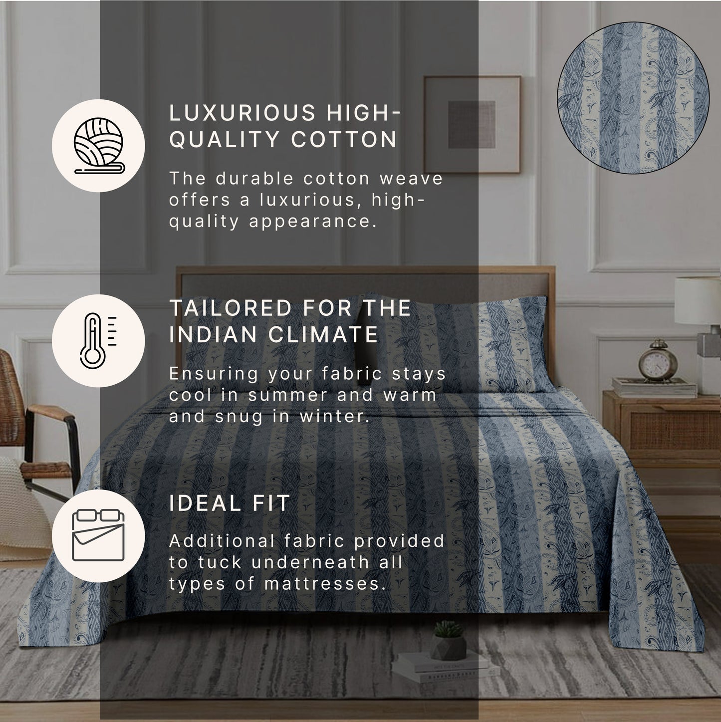 Striped (Blue) The Classic Collection Cotton Queen Size Bedsheet